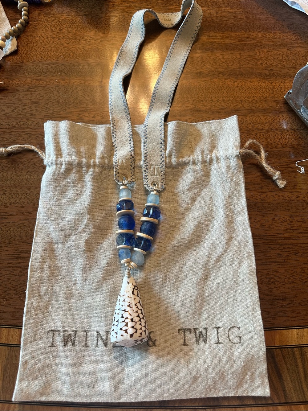 Twine & Twig Blue Beaded Necklace with Shell Pendant